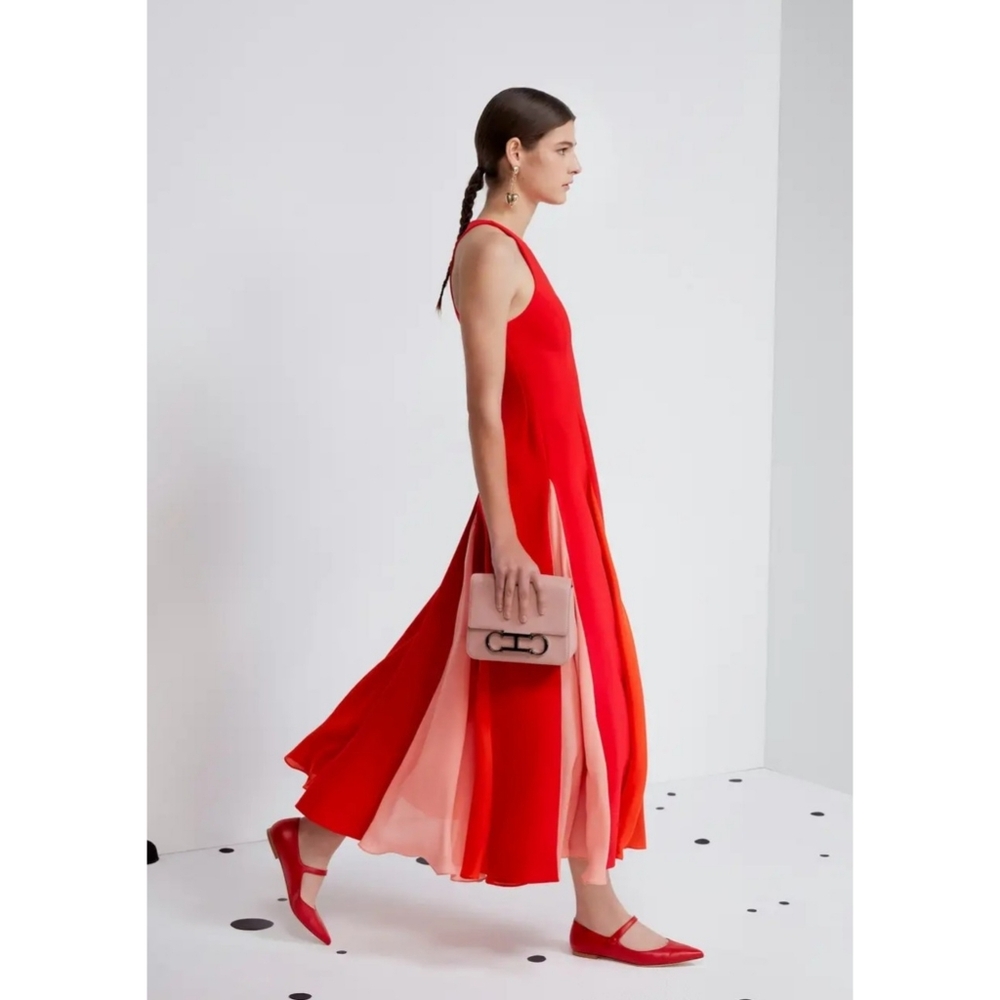 Carolina Herrera | Lacquer Red Multi Godet Sleeveless Midi Dress Size 8